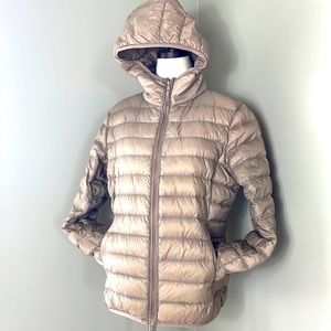Taupe full zip hooded puffer jacket